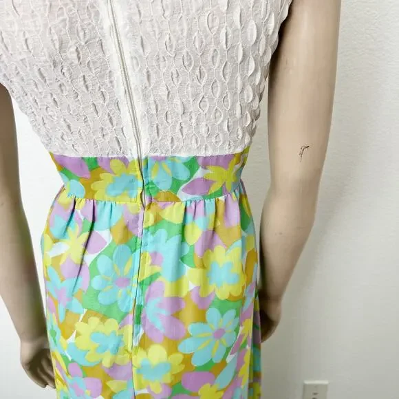 [Vintage] 60s 70s Cream Mock Neck Groovy Floral Print Bow Maxi Dress Sz Medium M - Picture 7 of 12